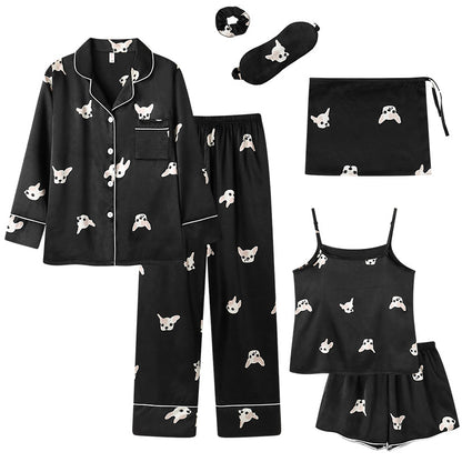 Conjunto de pijama fino de siete piezas con estampado de rayas informal sencillo para mujer