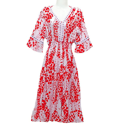 Vestido midi holgado informal de verano con cuello en V y mangas acampanadas para mujer