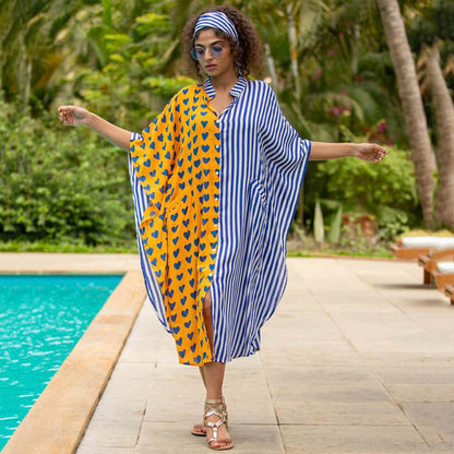 Women Casual Loose Stripe Leaf Feather Print Bikini Cover-Ups