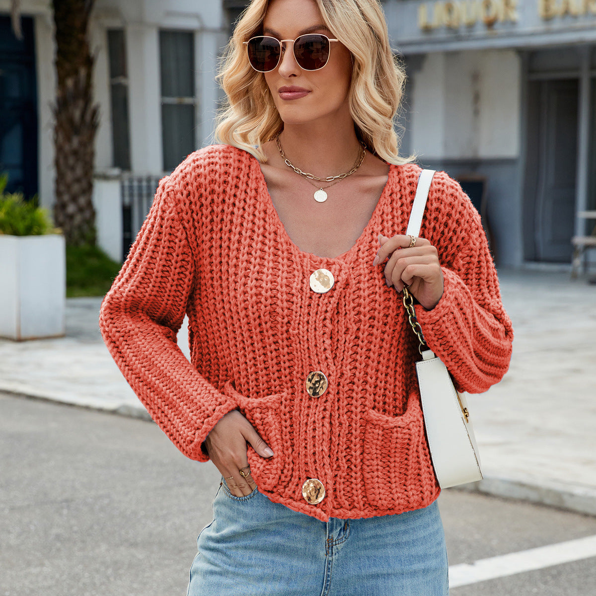 Women Fashion Casual Solid Color V-Neck Long-Sleeve Sweater