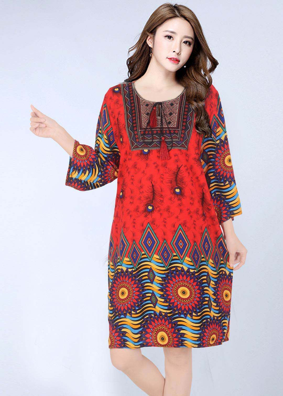 Vestido informal de manga larga con estampado étnico para mujer