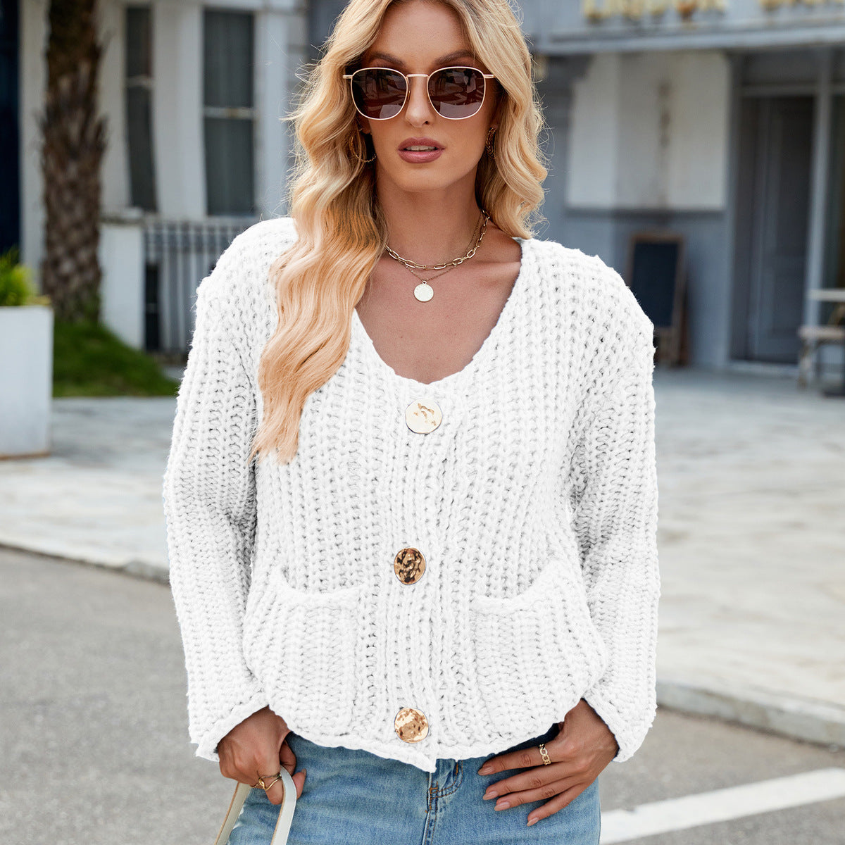 Women Fashion Casual Solid Color V-Neck Long-Sleeve Sweater