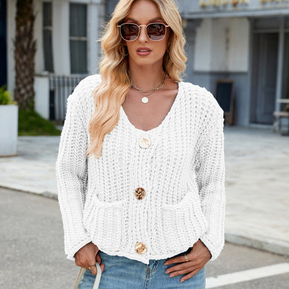 Women Fashion Casual Solid Color V-Neck Long-Sleeve Sweater