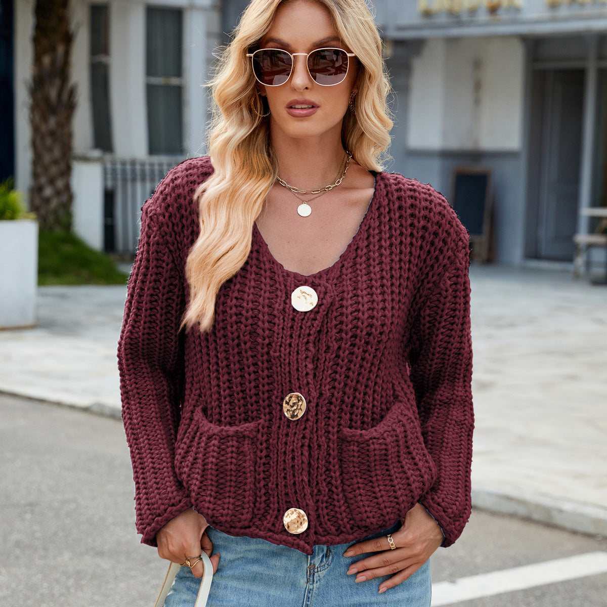Women Fashion Casual Solid Color V-Neck Long-Sleeve Sweater