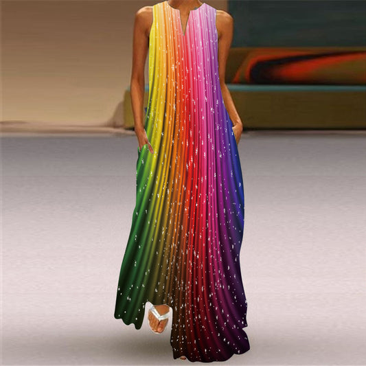 Women Casual Vintage Summer Sleeveless Gradient Color Maxi Dress