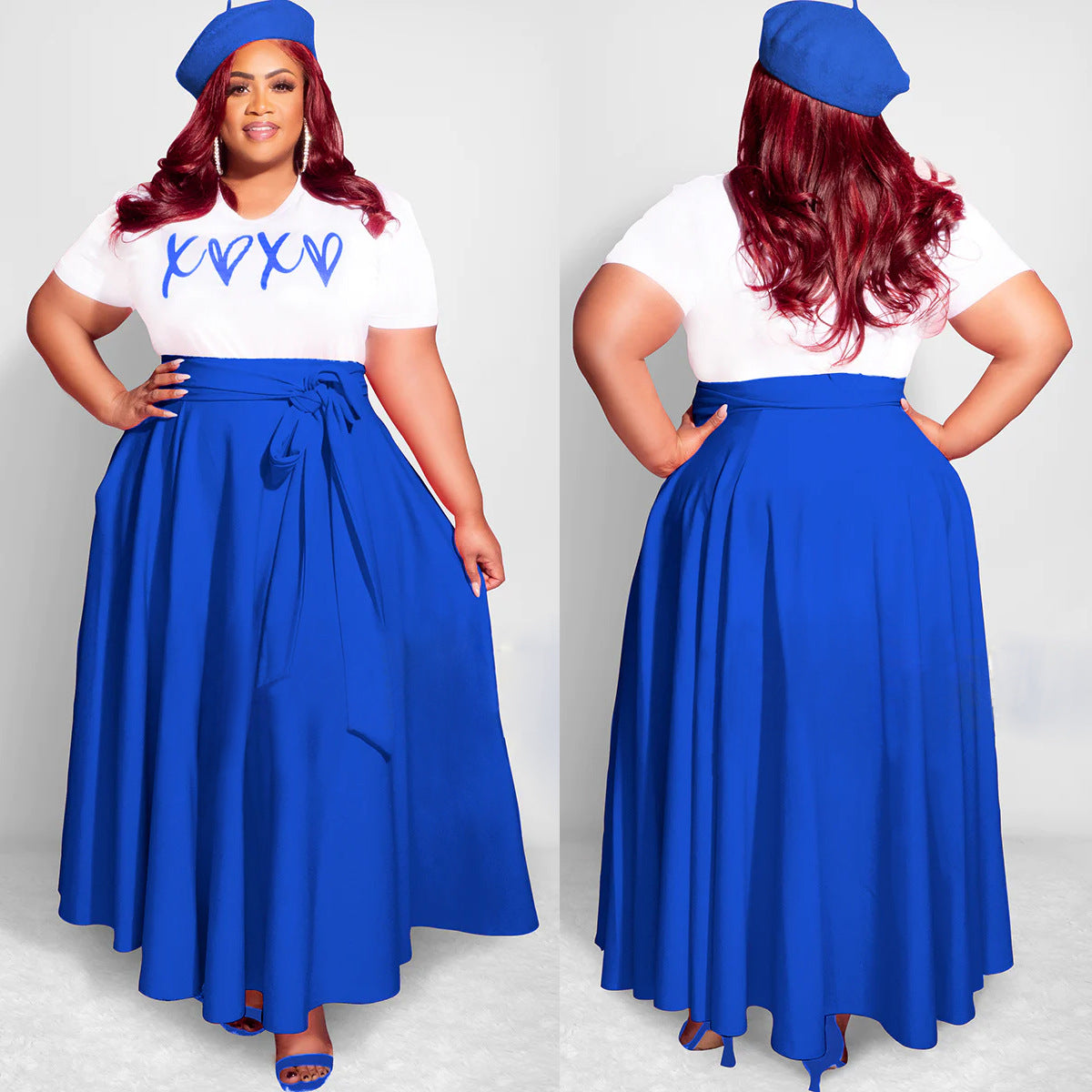 Women Casual Plus Size Letter Print High Waist Pleated Dress