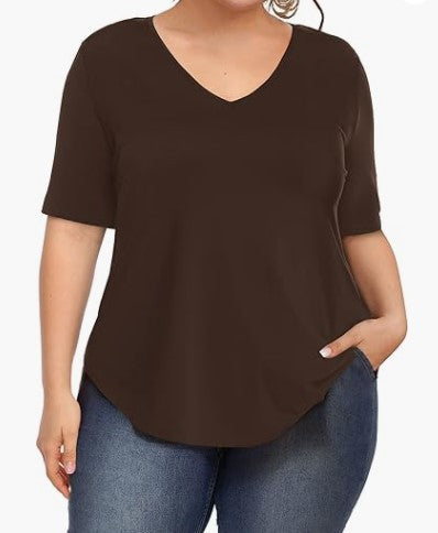 Summer Women Casual Plus Size Solid Color V-Neck Short-Sleeved T-Shirt