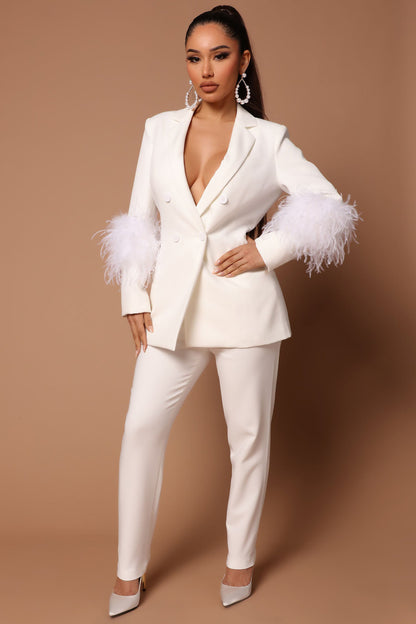Chaqueta informal de moda para mujer, color liso, con puños de plumas y cuello en V, pantalones ajustados, 2 piezas