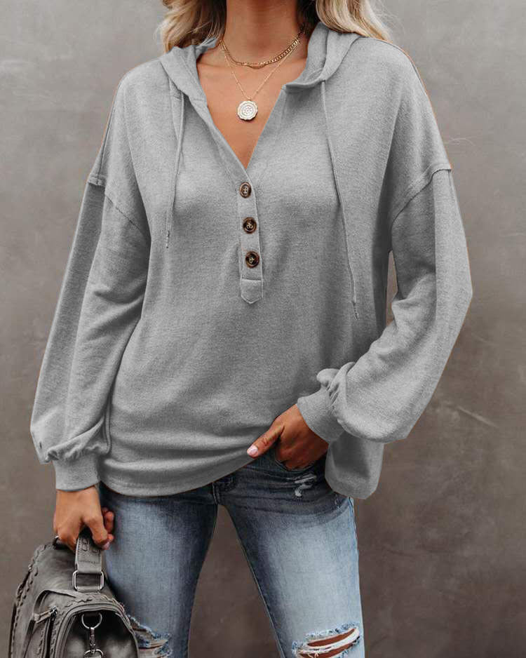 Women Casual Solid Color Long Sleeves Hooded Loose Solid Color Top