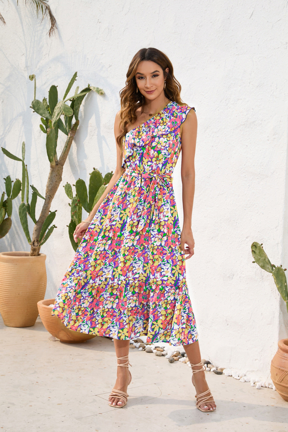 Women Casual One-Shoulder Bandage Floral Printing Dress