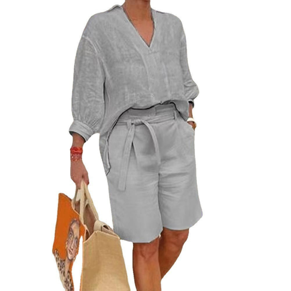 Conjunto de dos piezas para mujer, informal, de lino y algodón, holgado, con cuello en V, manga larga y pantalones cortos con cordones.