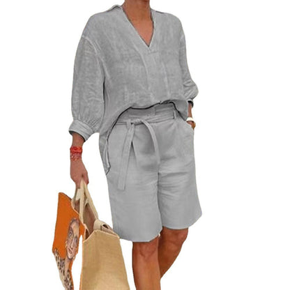 Conjunto de dos piezas para mujer, informal, de lino y algodón, holgado, con cuello en V, manga larga y pantalones cortos con cordones.
