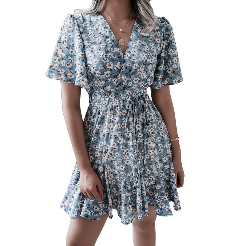 Spring Summer Women Casual Vacation Floral Printed Chiffon Short Sleeve Dress