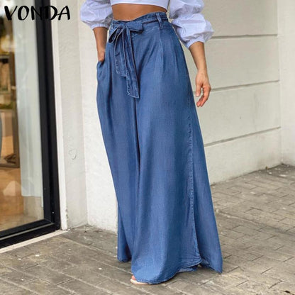 Pantalones vaqueros elegantes de cintura alta con cordones y pierna ancha para mujer, pantalones vaqueros casuales de talla grande