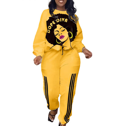 Conjunto de dos piezas de top y pantalón de manga larga con estampado de letras y cabeza de niña para mujer