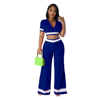 Conjunto de dos piezas de top corto y pantalones cortos de manga corta con bloques de color para mujer