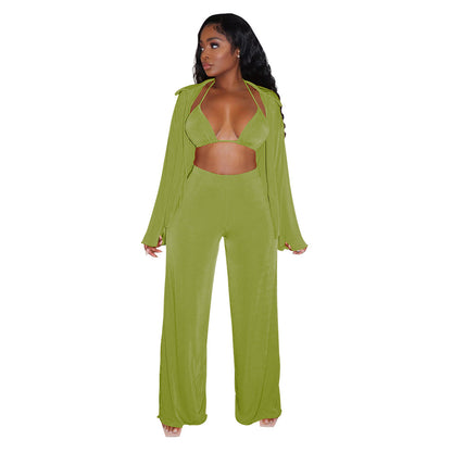 3pcs/Set Women Casual Solid Color Bikini Long Sleeve Top And Wide-Leg Pants