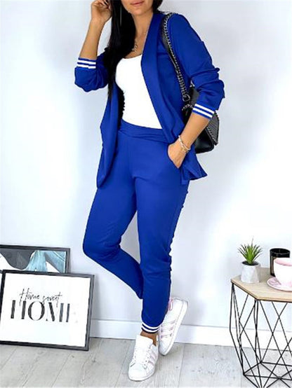 Conjunto de dos piezas formado por chaqueta y pantalón, manga larga, color liso, informal, a la moda para mujer