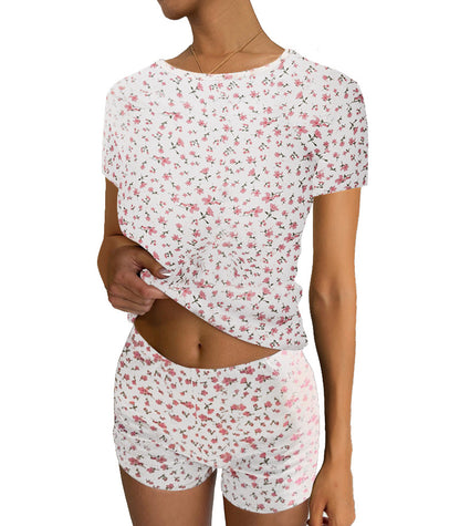 Fashion Casual Snowflake Heart Print Round Neck Short Sleeve T-Shirt Shorts Set