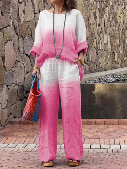 Conjunto de dos piezas de verano para mujer, informal, con degradado, manga larga, pantalones anchos y parte superior