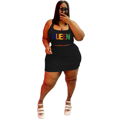 Conjunto de dos piezas de top corto y falda con apliques de letras Queen, informal, deportivo, sin mangas, para mujer