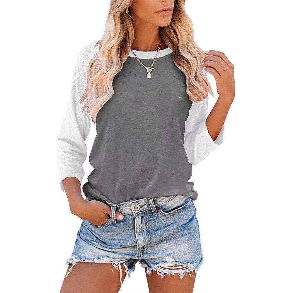 Camiseta informal de manga larga con cuello redondo y contraste de colores para mujer