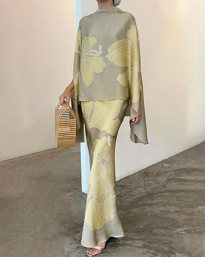 Conjunto de dos piezas formado por top y falda de manga larga, holgado, con estampado floral, color liso e informal, para mujer