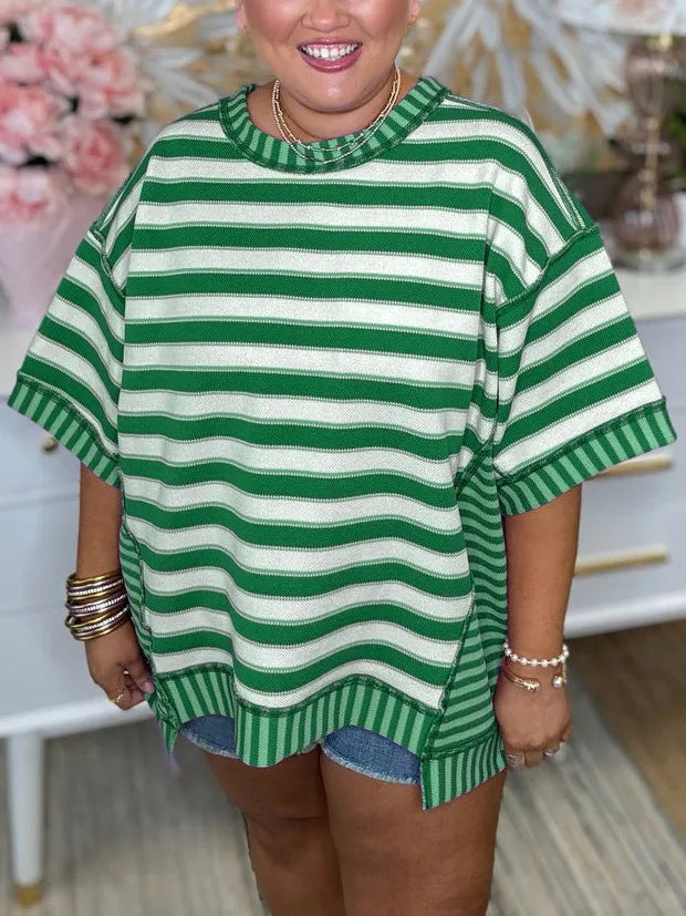 Camiseta informal holgada de verano con estampado de rayas y talla grande para mujer