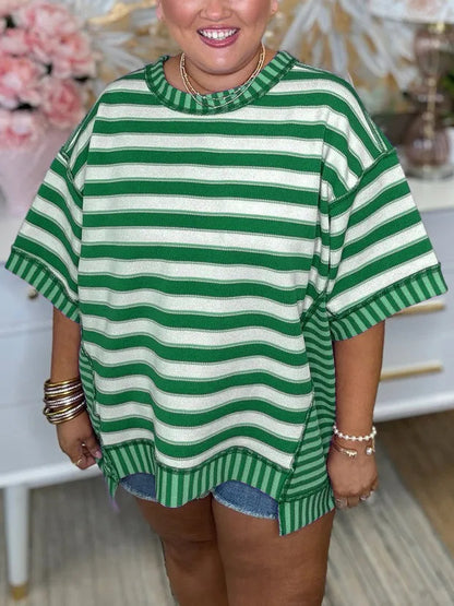 Camiseta informal holgada de verano con estampado de rayas y talla grande para mujer