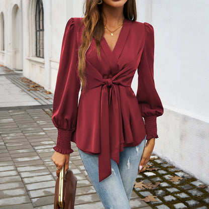 Blusa elegante informal de color liso con cuello en V y manga larga con cordones para mujer