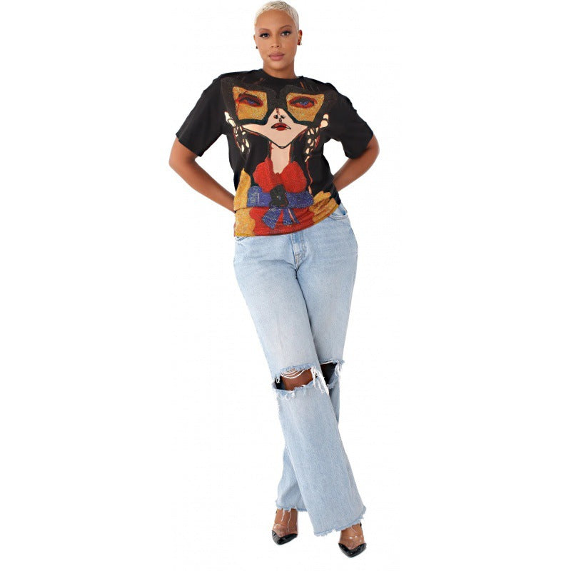 Camiseta informal holgada con cuello redondo y media manga para mujer con estampado gráfico