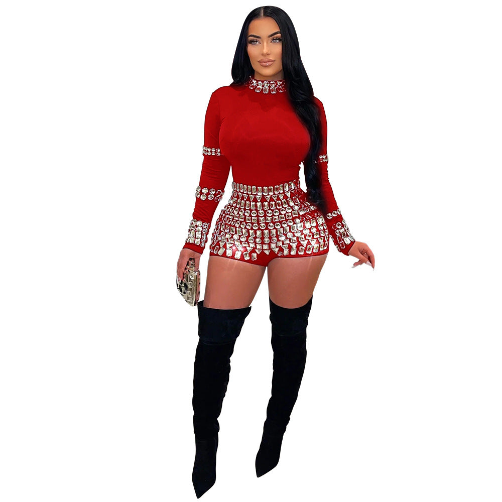 Women Fashion Casual Rhinestone Long-Sleeve Slim-Fit Rompers