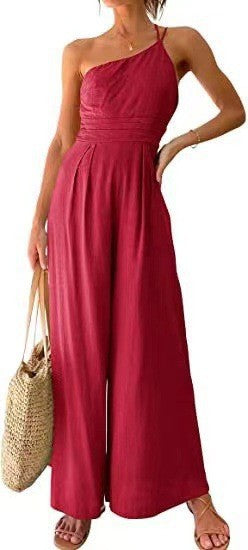 Women Fashion Casual Solid Color Cotton Linen Slant Shoulder Sleeveless Jumpsuit
