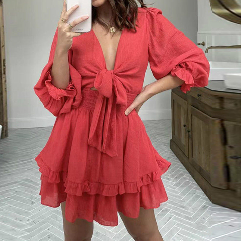 Women Casual Solid Color V-Neck Puff Long Sleeve Lace-Up Ruffled Dress