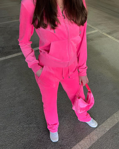 Conjunto de dos piezas de pantalón informal de manga larga con capucha y terciopelo dorado para mujer