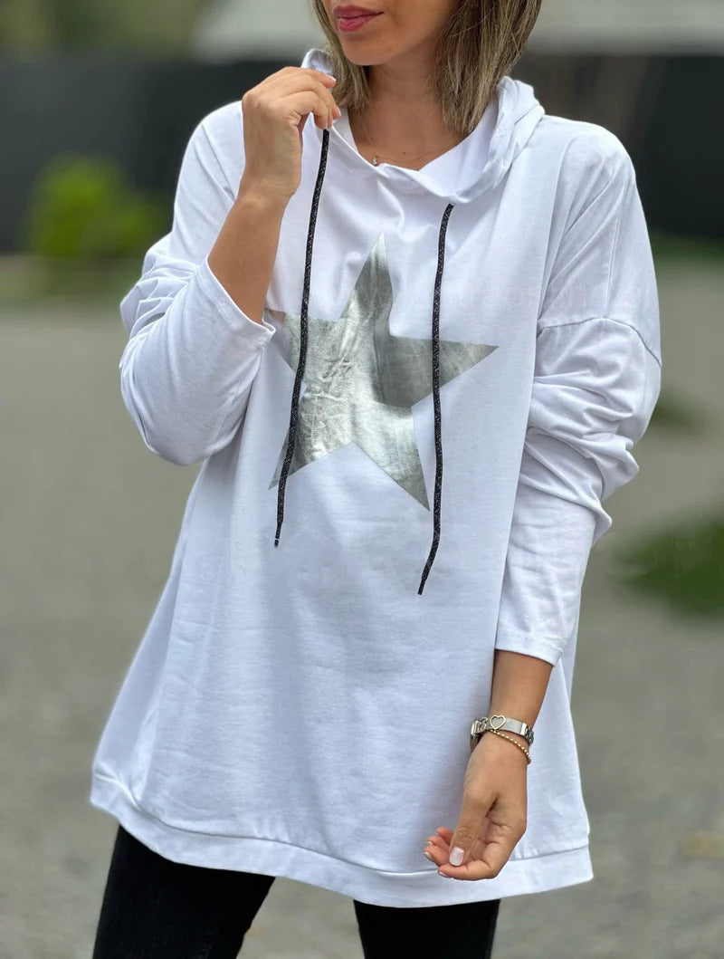 Sudadera con capucha de manga larga con estampado de estrellas para mujer, informal y holgada
