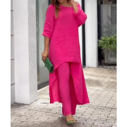 Conjunto de top y pantalones anchos de manga larga irregulares de algodón y lino de color liso informal para mujer