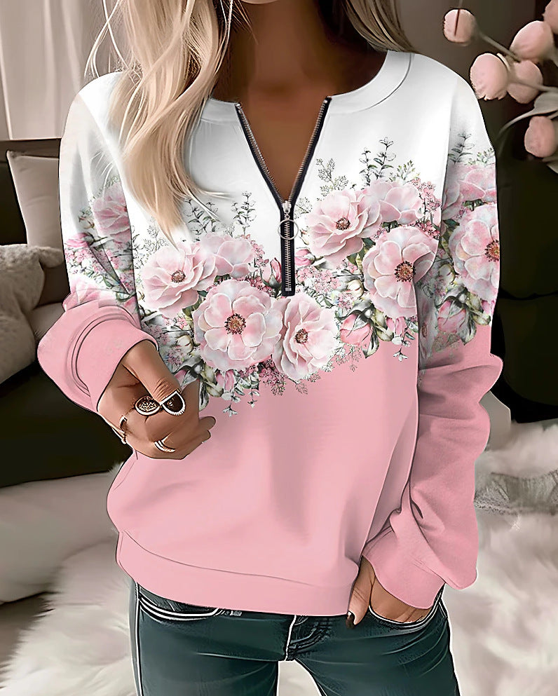 Women Casual Floral Printed V-Neck Long-Sleeve Pullover Loose Sweatshirt