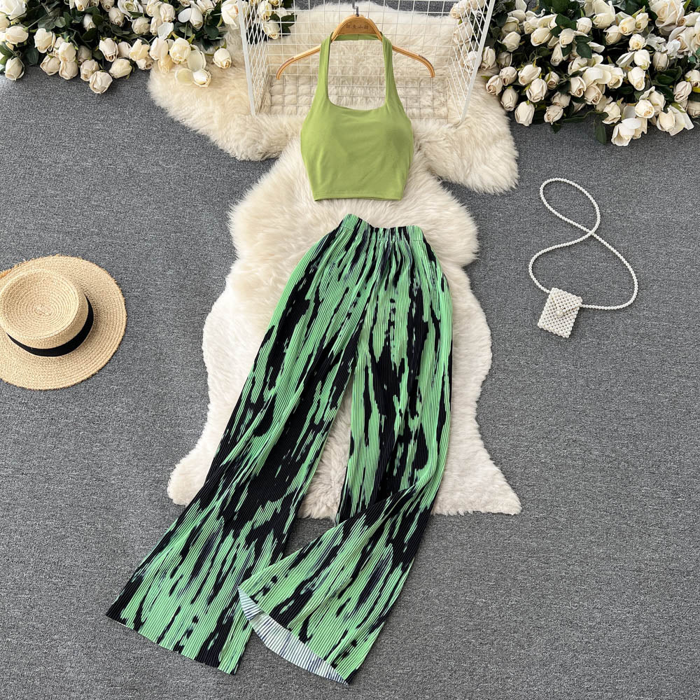 Conjunto de pantalón y top con estampado floral sin mangas informal a la moda para mujer