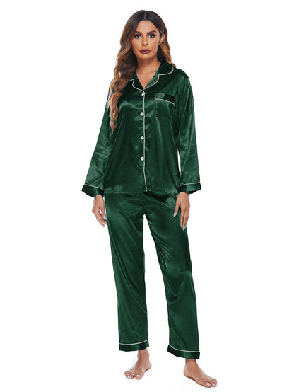 Conjunto de pijama básico informal de una sola botonadura con solapa y bloques de color para mujer