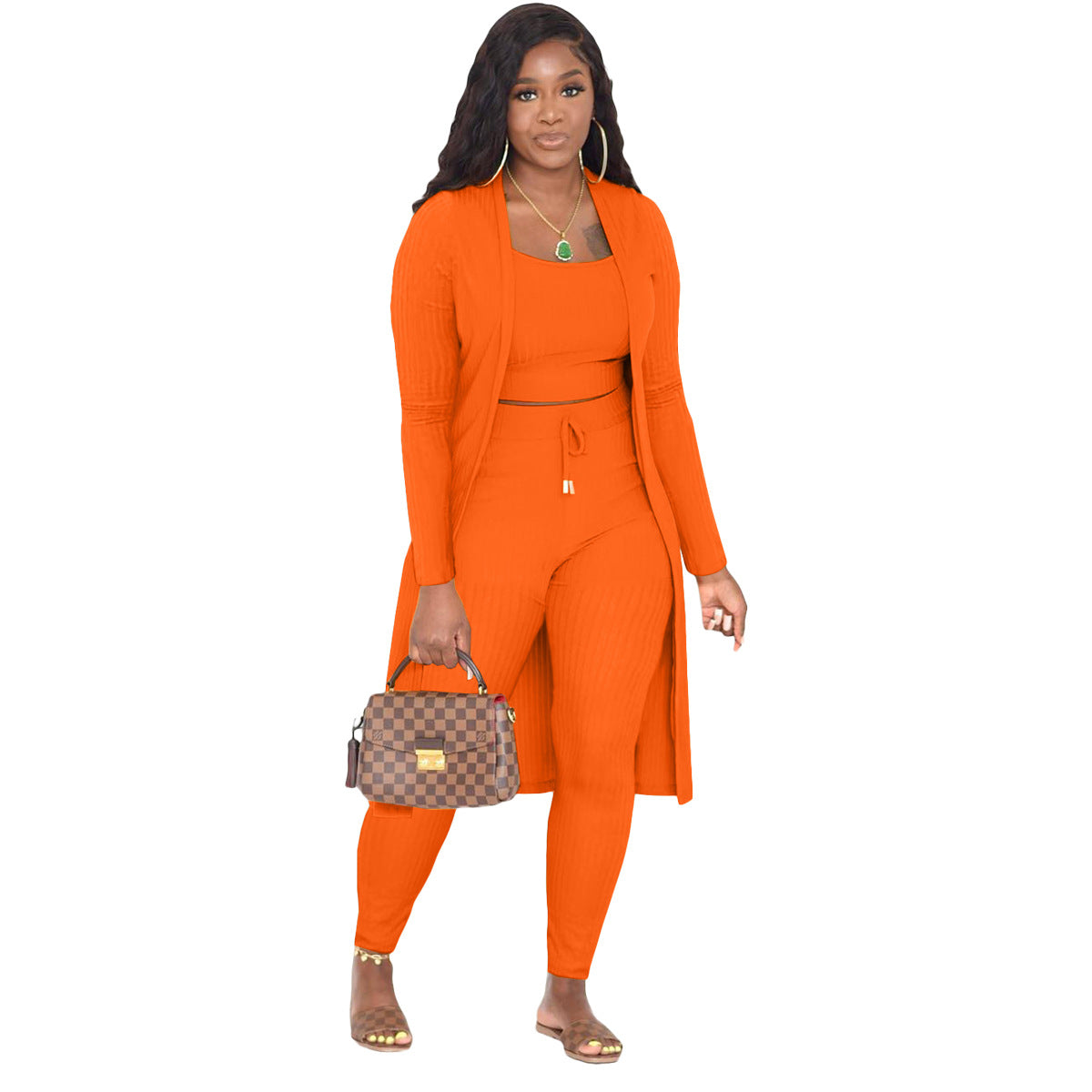 Fashion Women Casual Solid Color Rib-Knit Cardigan Camis And Skinny Pants Three Piece Set