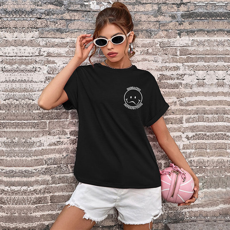 Camiseta informal de verano para mujer con estampado de letras, cuello redondo y manga corta