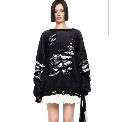 y2k Winter Street Fashion Women Casual Loose Ripped Color-Matching Long-Sleeved Knitted Sweater