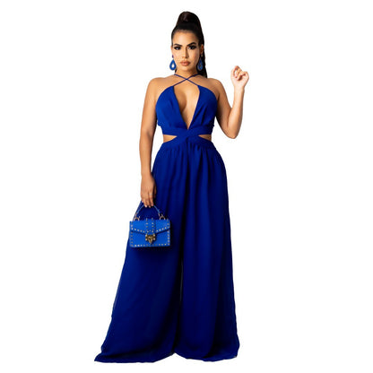 Women Solid Color Casual Loose Chiffon Jumpsuit