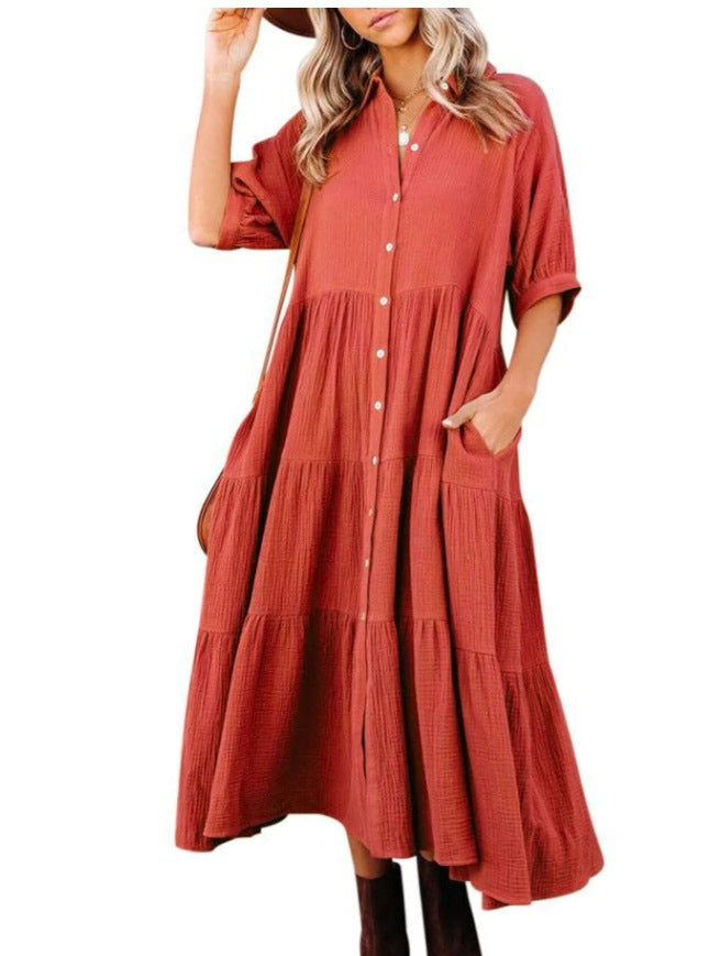 Summer Women Casual Solid Color Button Loose Shirt Dress