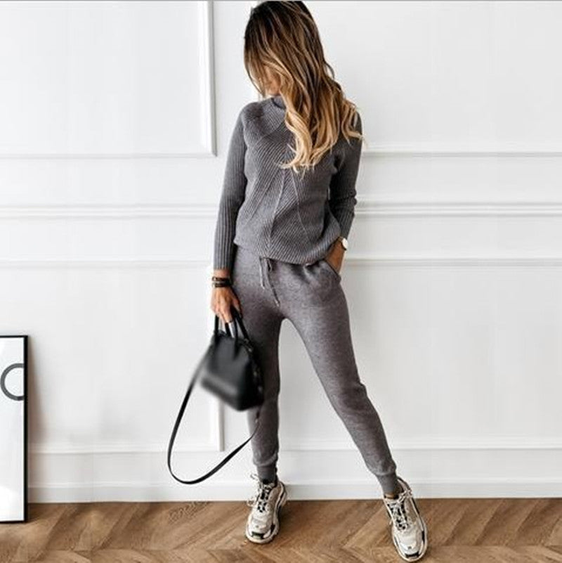Conjunto de suéter y pantalón de punto de color liso para mujer, informal, de invierno