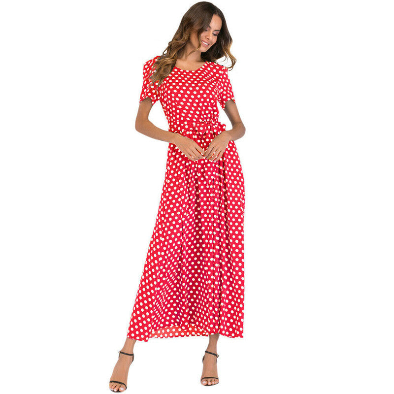 Women Casual Elegant Round Neck Short-Sleeved Polka Dot Print Midi Dress