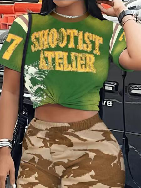 Women Fashion Casual Printed Short-Sleeved Top High Waisted Shorts Sports Two-Piece Set