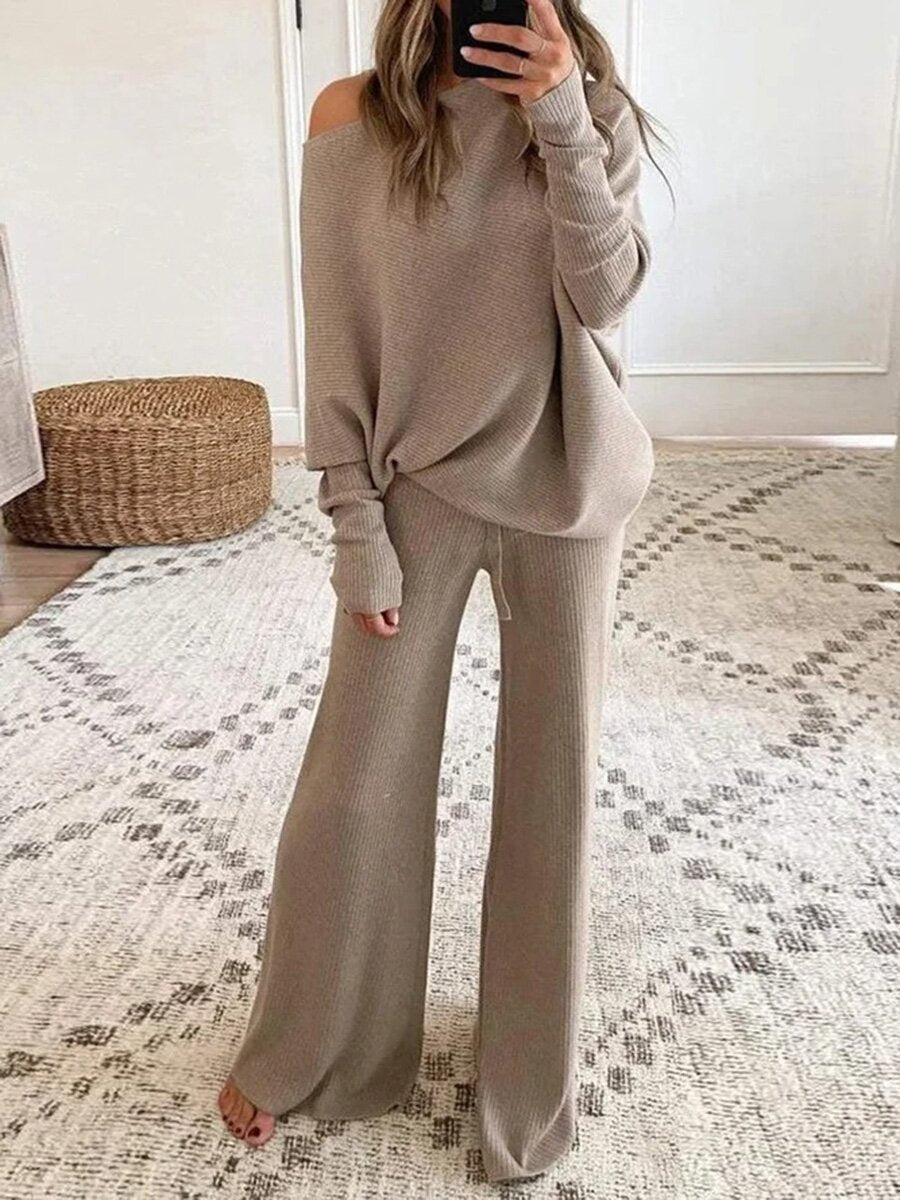 Conjunto de dos piezas formado por top y pantalón informal, manga larga, cuello redondo, color liso, para mujer, otoño e invierno