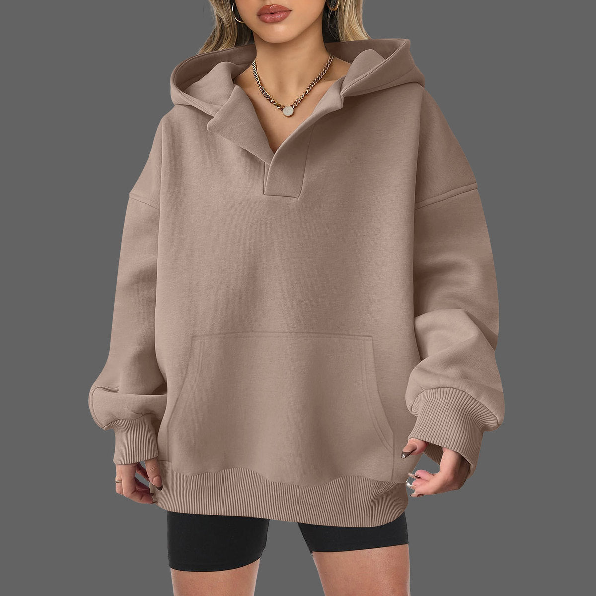 Sudadera con capucha de manga larga para mujer, informal, holgada, de color liso, para otoño e invierno